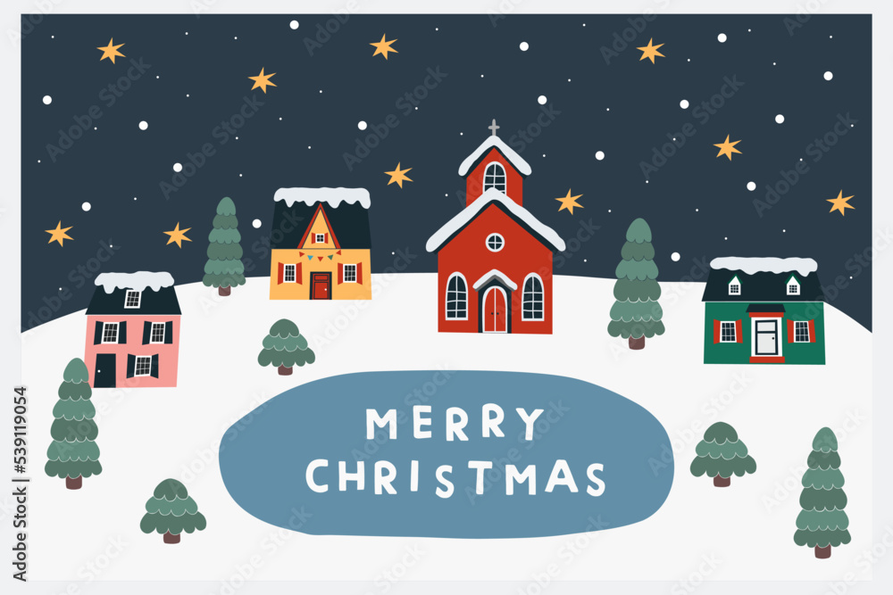 Christmas greeting card with cute winter little town at night. Houses, fir trees and ice rink. Cozy vector horisontal illustration in flat style.