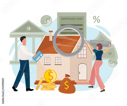 House ownership, real estate, mortgage, loan concept illustration with with a man having a credit card, woman searching for a house