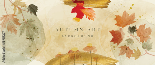 Autumn foliage in watercolor vector background. Abstract wallpaper design with maple, bird, flowers, leaf branch. Botanical in fall season illustration suitable for fabric, prints, cover, wall art.