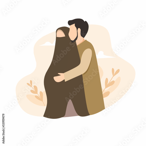 muslim husband hugs his pregnant wife 
