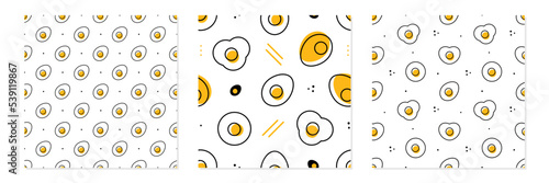 Set, collection of three vector seamless pattern backgrounds with linear, doodle style eggs, dots and geometric elements.
