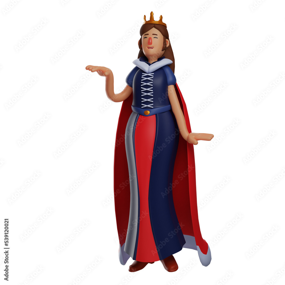  3D illustration. Queen 3D cartoon character with funny expression. standing in a strange pose. wearing a cool royal robe. 3D Cartoon Character