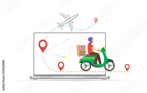 Fast delivery of the parcel. Order a parcel using an electronic application. Courier tracking using a mapping application. 3D, vector illustration.