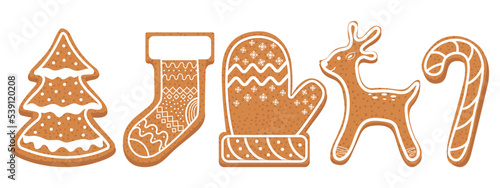 Flat vector illustration of christmas gingerbreads. Holiday treat in shape christmas tree, christmas stocking, mitten, deer, candy cane