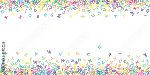Falling letters of English language. Colorful sketch flying words of Latin alphabet. Foreign languages study concept. Posh back to school banner on white background.