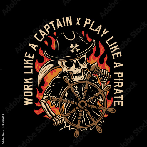 pirate captain skull artwork design with quotes. logo t shirt retro vintage vector illustration
