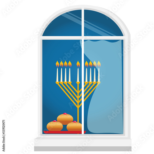 Hanukkah Jewish holiday traditional menorah in house windows, candles, donuts