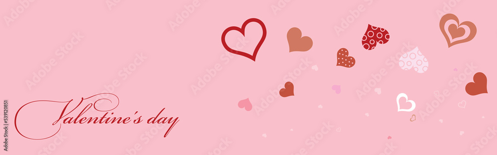 Happy Valentines Day greeting card. Calligraphic design for print cards, banner, poster Hand drawn text lettering for Valentines Day with hearts shape Vector illustration isolated on pink background.