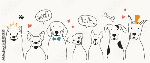Cute dogs doodle vector set. Cartoon dog or puppy characters design collection in different breeds, woof, hello. Set of funny pet animals isolated on white background for decorative, branding.