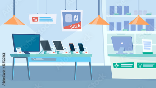 Gadget shop interior, banner in flat cartoon design. Table with monitor, smartphones and tablets, showcase of electronics store, cash desk, discount offers. Illustration of web background