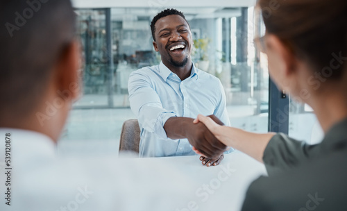 Handshake, interview and business people for diversity partnership, contract deal or b2b welcome meeting, Collaboration, agreement and recruitment black man shaking hands for career or job onboarding