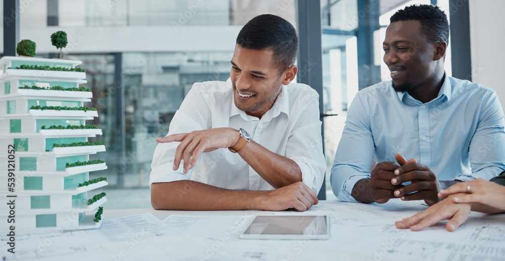 Architect, developer and miniature building blueprint, meeting for ...