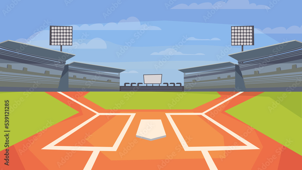 Baseball stadium view, banner in flat cartoon design. Sports center field for game, base, spotlights, stands with seats for spectators. Competitions concept. Illustration of web background
