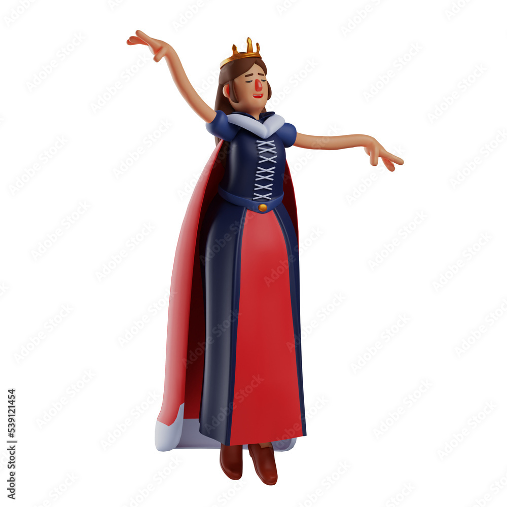  3D illustration. Queen 3D Cartoon Character as a talented ballerina. in a graceful pose with dancing hands. wear a pretty dress. 3D Cartoon Character