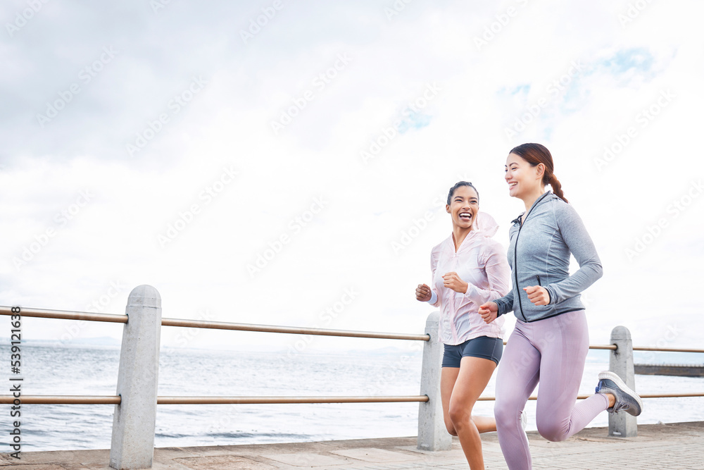 Running, fitness and women friends by ocean for outdoor wellness, accountability or workout motivation on sky mock up marketing or advertising. Sports athlete people exercise for healthy lifestyle