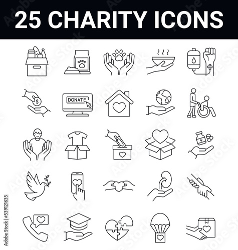 Outline set of volunteering, charity, donation vector icons for web design. Line style