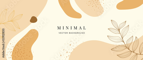 Abstract botanical background vector. Minimalist wallpaper with leaves, leaf branches, line art, earth tone color, organic shapes. Foliage art for banner, poster, bed and packaging.