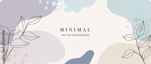 Abstract botanical background vector. Minimalist wallpaper with tree, leaves, leaf branches, line art, blue color, organic shapes. Foliage art for banner, poster, bed and packaging.