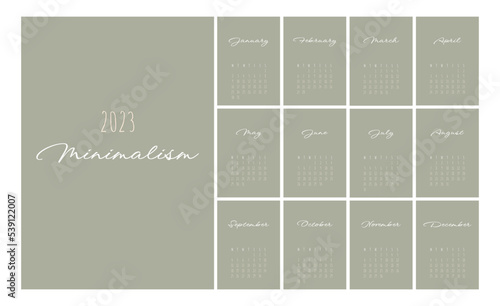 Calendar 2023 Trendy Minimalist Style. Set of 12 pages desk calendar. 2023 minimal calendar planner design for printing template. vector illustration