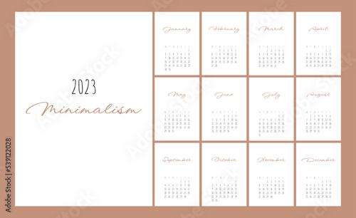 Calendar 2023 Trendy Minimalist Style. Set of 12 pages desk calendar. 2023 minimal calendar planner design for printing template. vector illustration