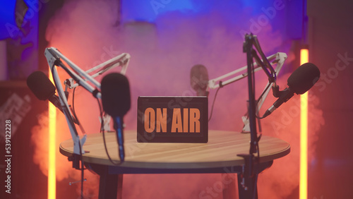 Billede på lærred Podcast talk show on air in kitchen with smoke blast red neon lights