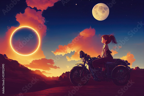 anime chibi girl sitting on a cyberpunk motorcycle and watching a sci fi moon  concept art moon