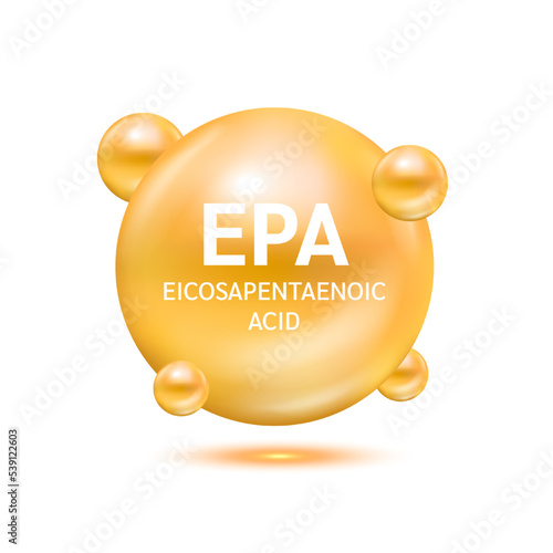 EPA Eicosapentaenoic acid, Fish oil omega 3. Vitamin complex ball orange shining. For nutrition products food health ads. Medical scientific concepts. 3D Vector illustration.