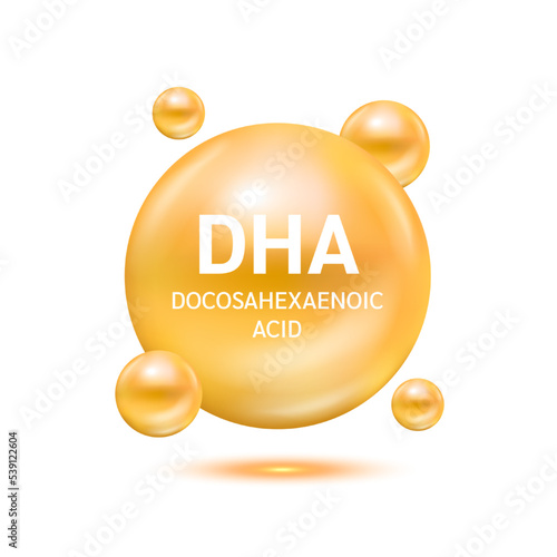 DHA Docosahexaenoic acid, Fish oil omega 3. Vitamin complex ball orange shining. For nutrition products food health ads. Medical scientific concepts. 3D Vector illustration.