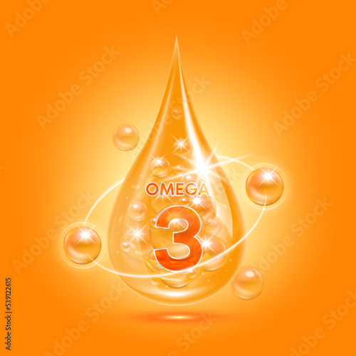 Fish oil omega 3 drop fatty acids. Orange shining substance vitamin complex balls with bubbles. For nutrition products food health ads. Medical scientific concepts. 3D Vector illustration.