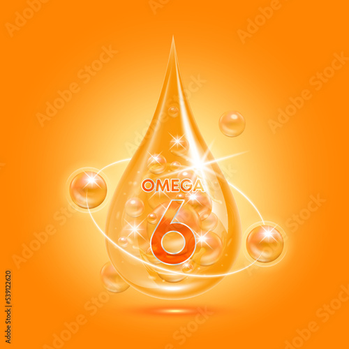 Fish oil omega 6 drop fatty acids. Orange shining substance vitamin complex balls with bubbles. For nutrition products food health ads. Medical scientific concepts. 3D Vector illustration.