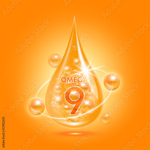 Fish oil omega 9 drop fatty acids. Orange shining substance vitamin complex balls with bubbles. For nutrition products food health ads. Medical scientific concepts. 3D Vector illustration.
