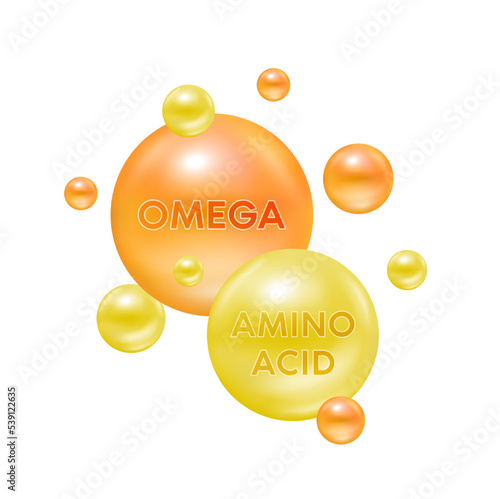 Omega fish oil and amino acid isolated on white background vector. Minerals vitamins complex. Dietary supplement for pharmacy advertisement package design. Science medic concept.