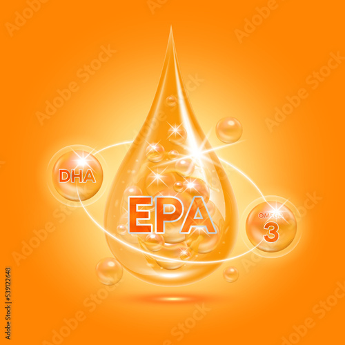 Fish oil EPA drop fatty acids DHA, Omega 3. Orange shining substance vitamin complex balls with bubbles. For nutrition products food health ads. Medical scientific concepts. 3D Vector illustration.