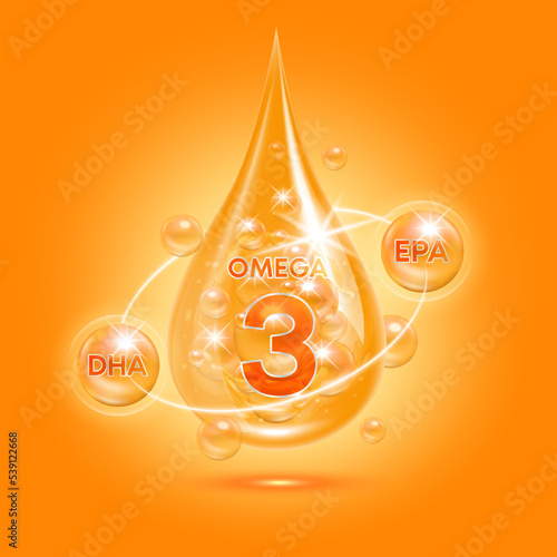 Fish oil Omega 3, EPA drop fatty acids DHA. Orange shining substance vitamin complex balls with bubbles. For nutrition products food health ads. Medical scientific concepts. 3D Vector illustration.
