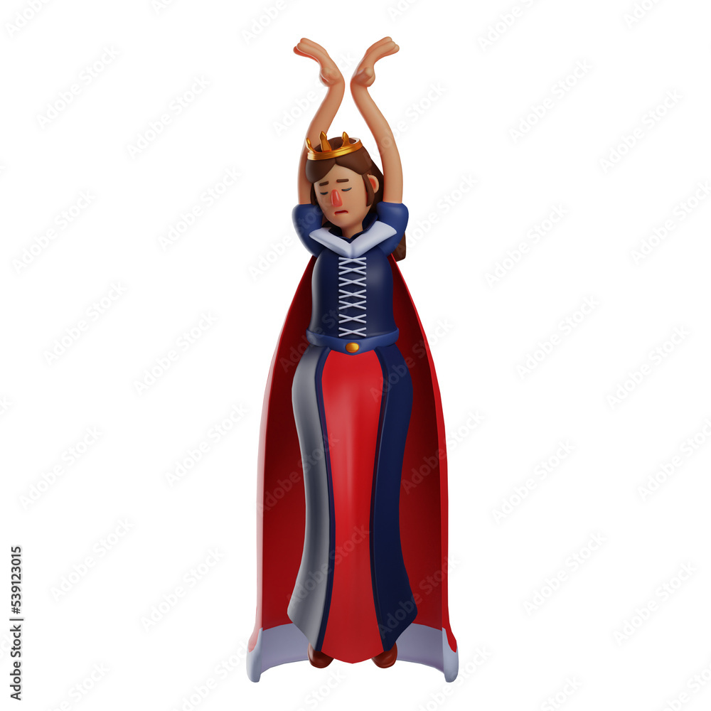 3D illustration. 3D Queen character with ballerina pose. raised both hands above. showing a sad expression. 3D Cartoon Character