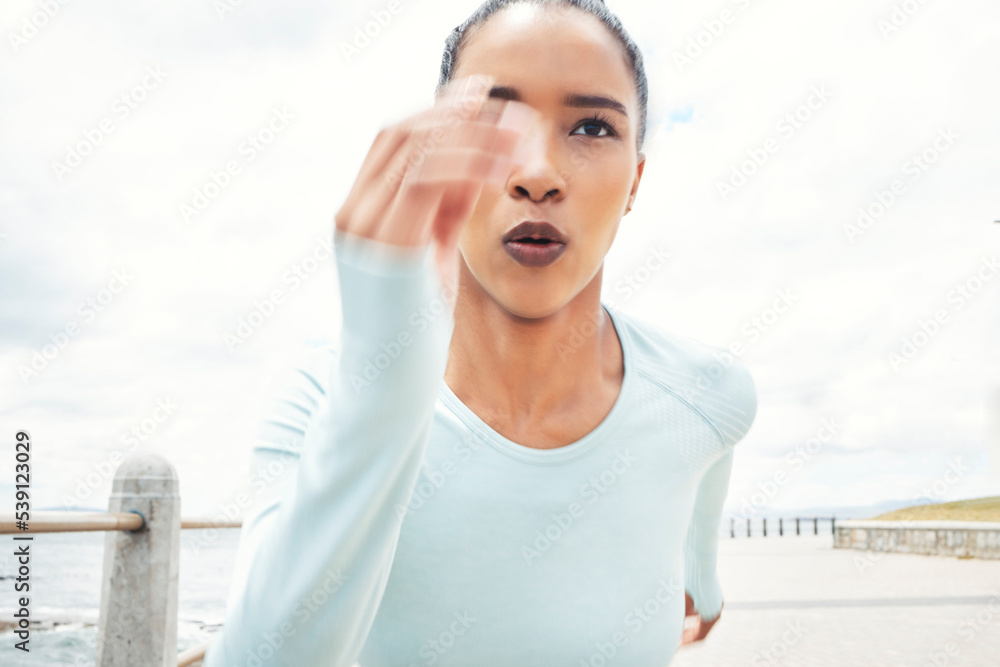 Speed, focus and running black woman with outdoor motivation for competition training, goal or wellness lifestyle with sky mock up. Commitment of fast race or sports athlete workout exercise by ocean Speed, focus and running black woman with outdoor motivation for competition training, goal or wellness lifestyle with sky mock up. Commitment of fast race or sports athlete workout exercise by ocean
