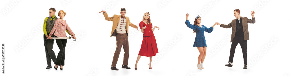 Collage. Group of stylish young people in retro clothes attending party, disco, dancing isolated over white background Collage. Group of stylish young people in retro clothes attending party, disco, dancing isolated over white background