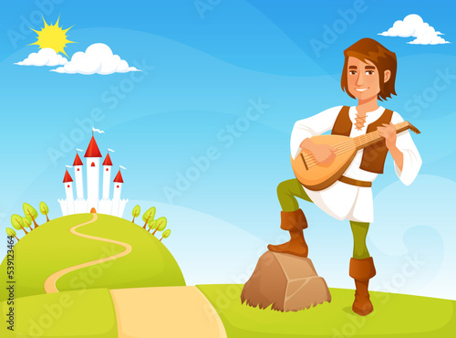 cute cartoon illustration for kids - a handsome medieval bard greeting visitors in a fairy tale kingdom. Colorful background with castle on a green hillock.