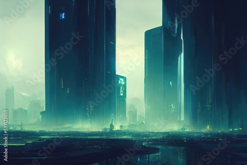 foggy scene of a cyberpunk future city  neon lights