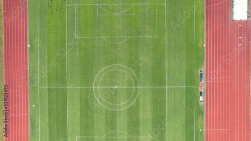 Aerial view of the Manuela Machado Municipal Stadium, nearby Viana do Castelo, Portugal. Consisting of a stadium football field with synthetic turf and an athletics track with ten tracks. photo