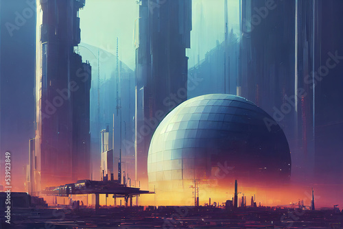 an ufo base landing station at a cyberpunk city
