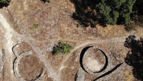 Aerial view of the Padrao Mountain Roman Settlement, or Chester, also called Castro of Monte Padrao, built in the 9th century BC and active until the late Middle Ages, in Santo Tirso, Portugal.