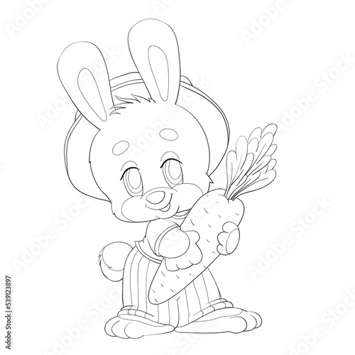sketch, cute bunny girl in a hat holding a large carrot in her paws, coloring book, cartoon illustration, isolated object on a white background, vector,