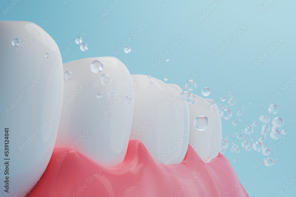 Water bubble and healthy tooth with healthy gums. Tooth care concept
