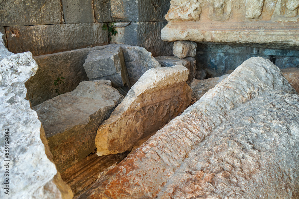 right 2nd second one demircili imbrigon cilicia mausoleum inside tombstone motif lion, roman script roman empire, ion korihth, silifke mersin turkey