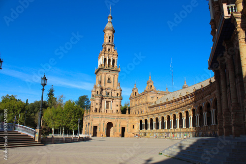 Seville, Spain, September 11, 2021: The Spanish Steps in Seville or 'Plaza de España', where the main building of the Ibero-American Exhibition of 1929 was built. The North Tower. © An Instant of Time
