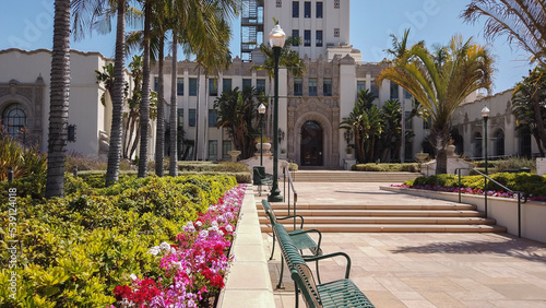 Los Angeles, California, USA, June 21, 2022: Beverly Hills City Hall and Civic Center. Architect William Gage created the Spanish Renaissance building in typical government style of that era.