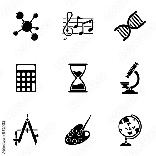 school lesson set icon vector. math, geography, music, fine arts, biology, and more