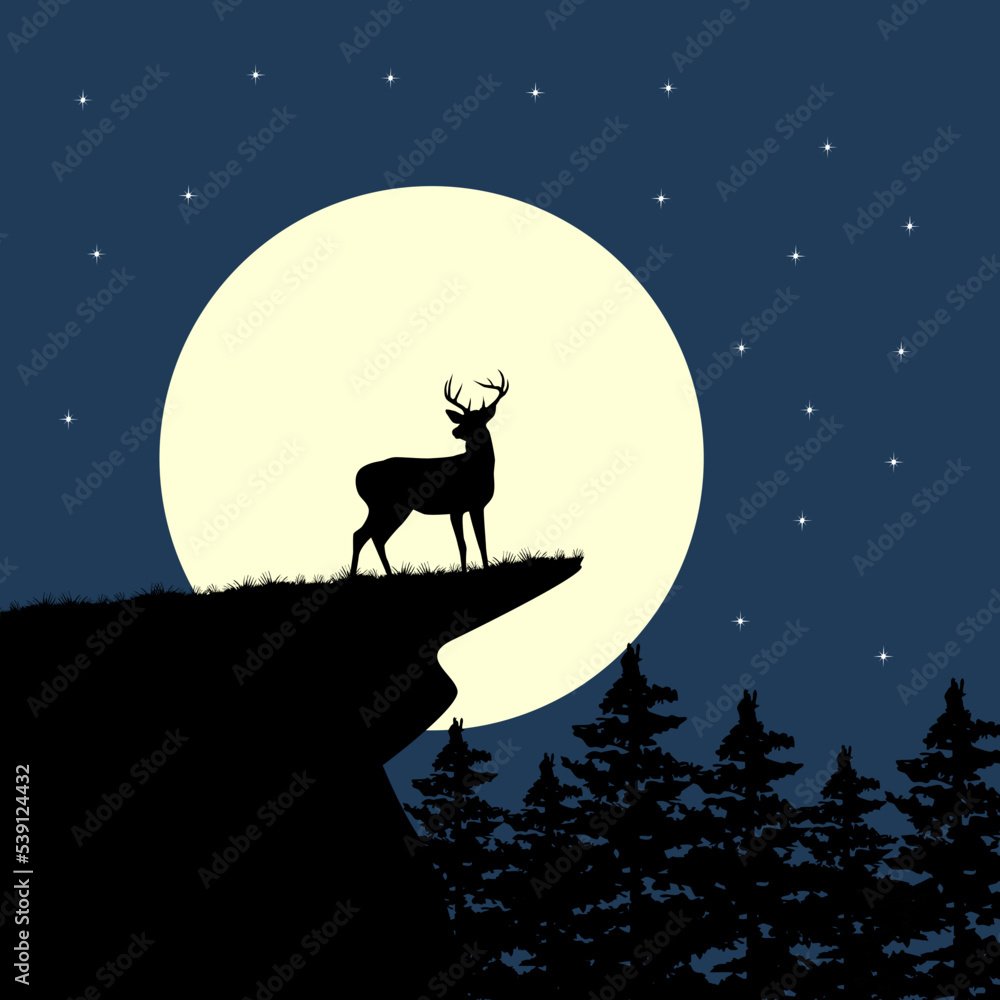 Deer Silhouette on a hill in the moonlight vector illustration. Deer Silhouette on a hill in the moonlight vector illustration.