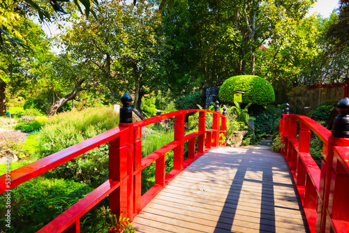 Photos Beautiful Red Bridge in garden,Japanese style.